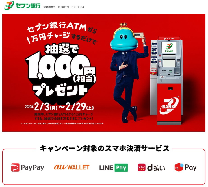 スマホ決済 セブンATMから1万円チャージで1,000円還元