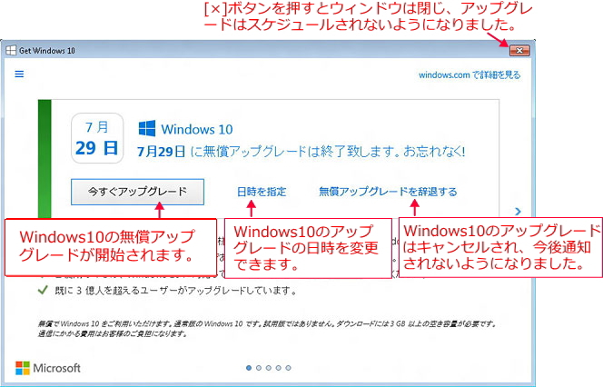 Windows10アップグレード[辞退する]ボタンが表示
